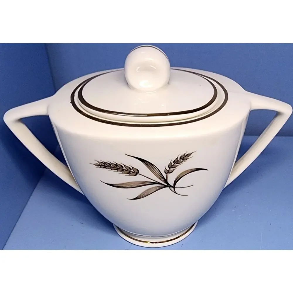 EMBASSY USA Vitrified Gold Black Wheat Pattern Sugar Bowl & Lid Pointed Handles